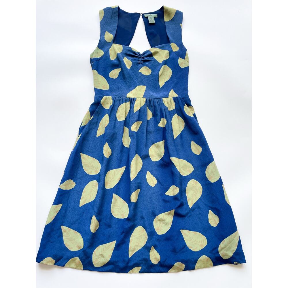 Women's Anthropologie Tupelo Maple Blue Silk Dress Leaf Pattern Size 2